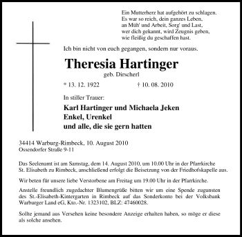 Traueranzeige von Theresia Hartinger von Tageszeitung