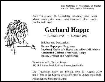 Traueranzeige von Gerhard Happe von Tageszeitung