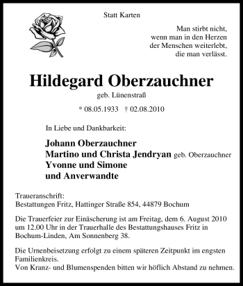 Traueranzeige von Hildegard Oberzauchner von Tageszeitung