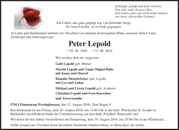 Traueranzeige von Peter Lepold von Tageszeitung