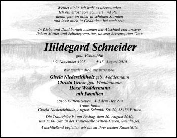 Traueranzeige von Hildegard Schneider von Tageszeitung