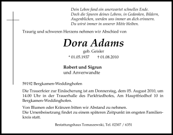 Traueranzeige von Dora Adams von Tageszeitung