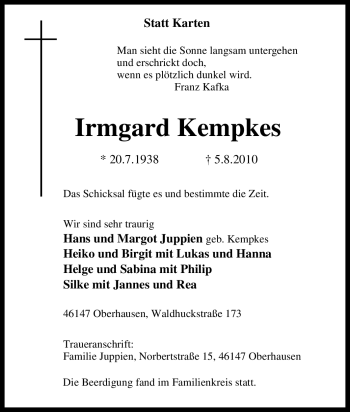 Traueranzeige von Irmgard Kempkes von Tageszeitung
