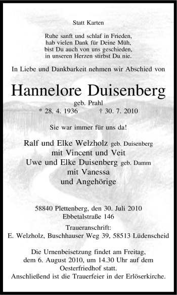 Traueranzeige von Hannelore Duisenberg von Tageszeitung