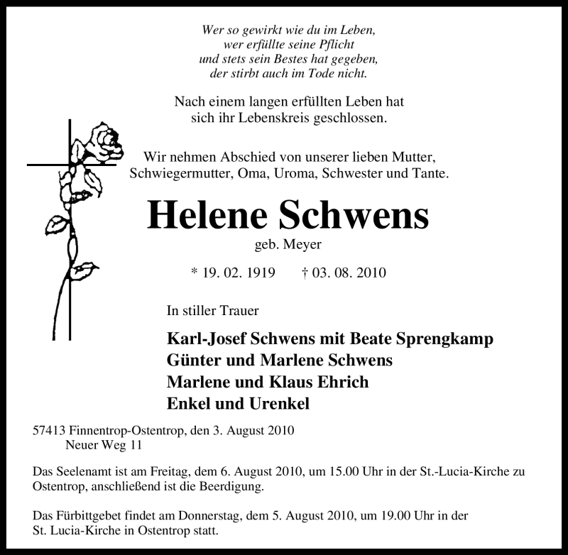  Traueranzeige für Helene Schwens vom 04.08.2010 aus Tageszeitung