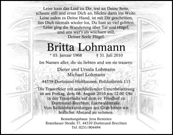 Traueranzeige von Britta Lohmann von Tageszeitung