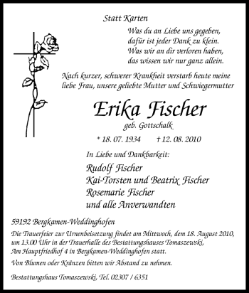 Traueranzeige von Erika Fischer von Tageszeitung