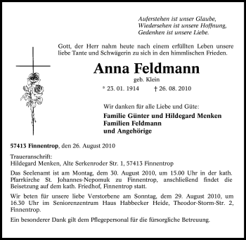 Traueranzeige von Anna Feldmann von Tageszeitung
