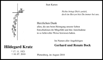 Traueranzeige von Hildegard Kratz von Tageszeitung