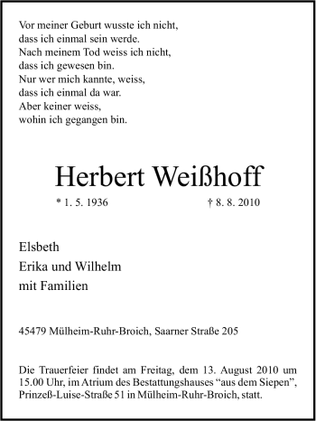 Traueranzeige von Herbert Weißhoff von Tageszeitung