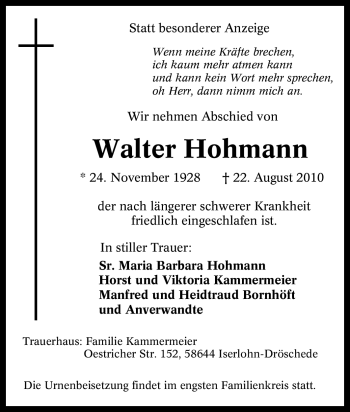Traueranzeige von Walter Hohmann von Tageszeitung