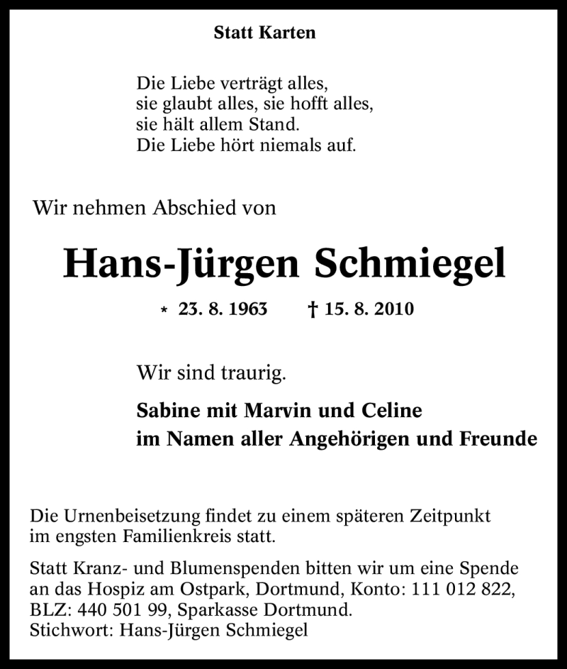  Traueranzeige für Hans-Jürgen Schmiegel vom 21.08.2010 aus Tageszeitung