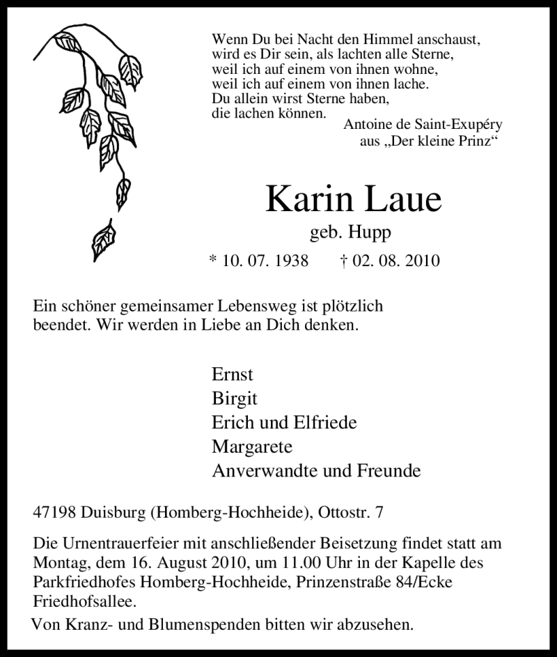  Traueranzeige für Karin Laue vom 10.08.2010 aus Tageszeitung