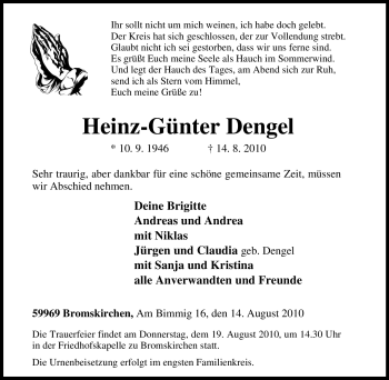 Traueranzeige von Heinz-Günter Dengel von Tageszeitung