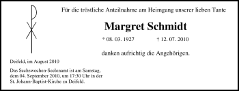 Traueranzeige von Margret Schmidt von Tageszeitung