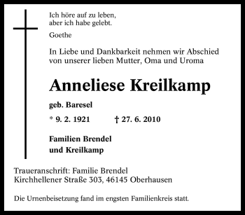 Traueranzeige von Anneliese Kreilkamp von Tageszeitung