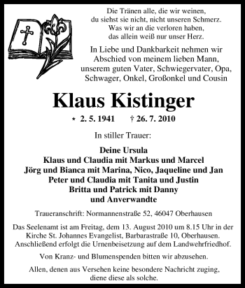 Traueranzeige von Klaus Kistinger von Tageszeitung