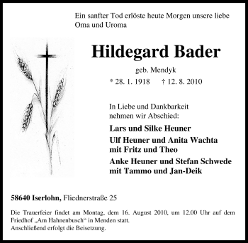Traueranzeige von Hildegard Bader von Tageszeitung