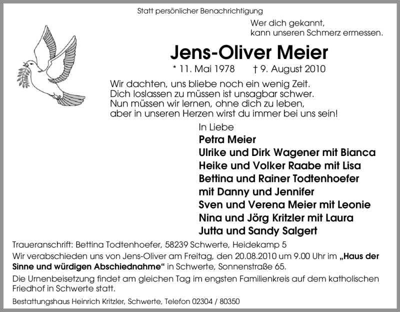  Traueranzeige für Jens-Oliver Meier vom 18.08.2010 aus Tageszeitung