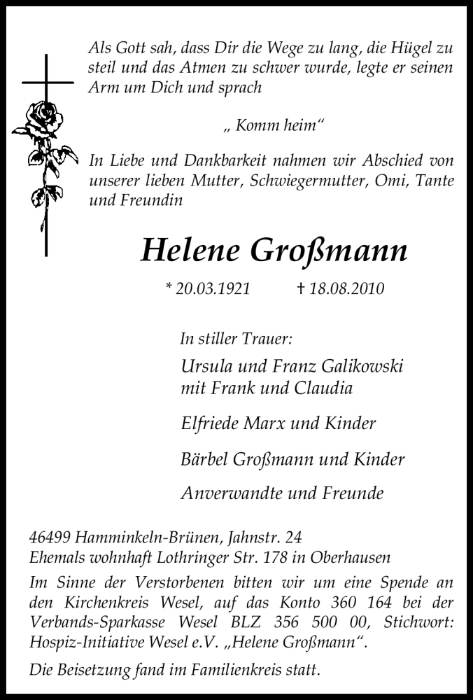  Traueranzeige für Helene Großmann vom 27.08.2010 aus Tageszeitung