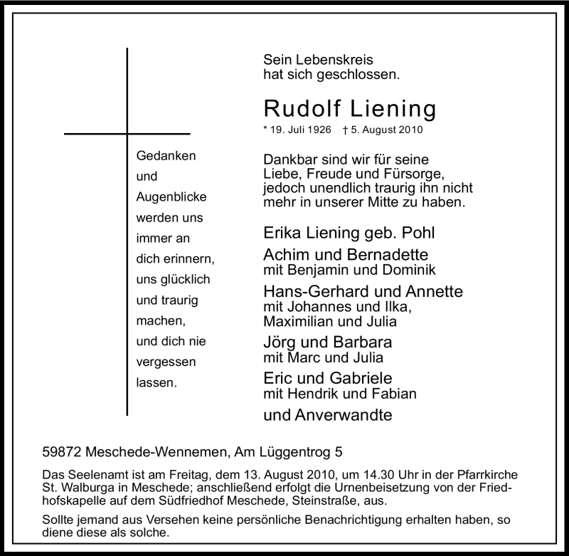  Traueranzeige für Rudolf Liening vom 07.08.2010 aus Tageszeitung