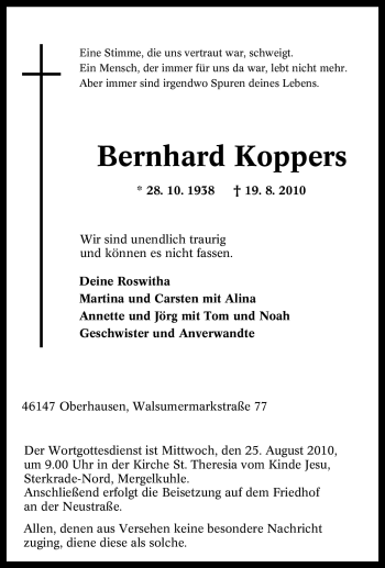 Traueranzeige von Bernhard Koppers von Tageszeitung