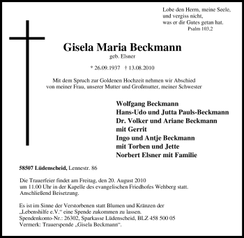 Traueranzeige von Gisela Maria Beckmann von Tageszeitung