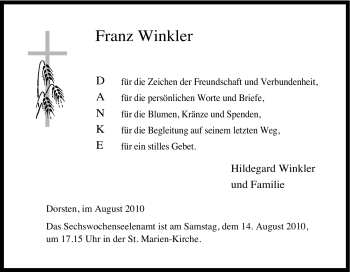 Traueranzeige von Franz Winkler von Tageszeitung