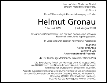 Traueranzeige von Helmut Gronau von Tageszeitung