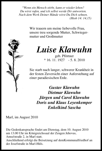 Traueranzeige von Luise Klawuhn von Tageszeitung
