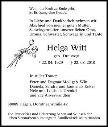 Traueranzeige von Helga Witt von Tageszeitung