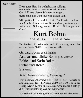 Traueranzeige von Kurt Bohm von Tageszeitung
