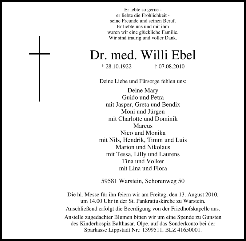  Traueranzeige für Willi Ebel vom 10.08.2010 aus Tageszeitung