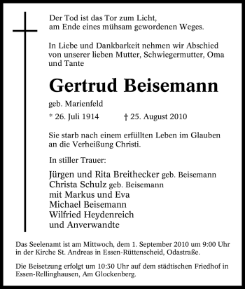 Traueranzeige von Gertrud Beisemann von Tageszeitung