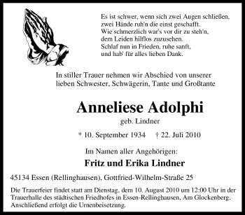 Traueranzeige von Anneliese Adolphi von Tageszeitung