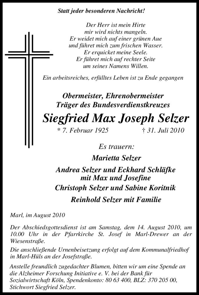  Traueranzeige für Siegfried Max Joseph Selzer vom 10.08.2010 aus Tageszeitung