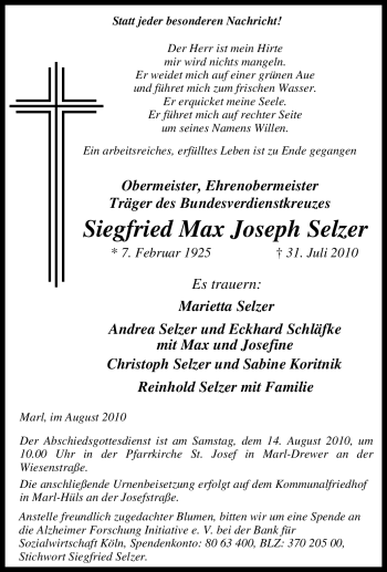 Traueranzeige von Siegfried Max Joseph Selzer von Tageszeitung