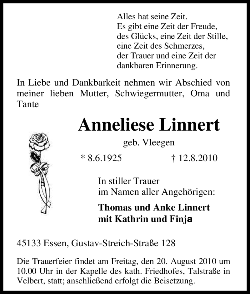  Traueranzeige für Anneliese Linnert vom 17.08.2010 aus Tageszeitung