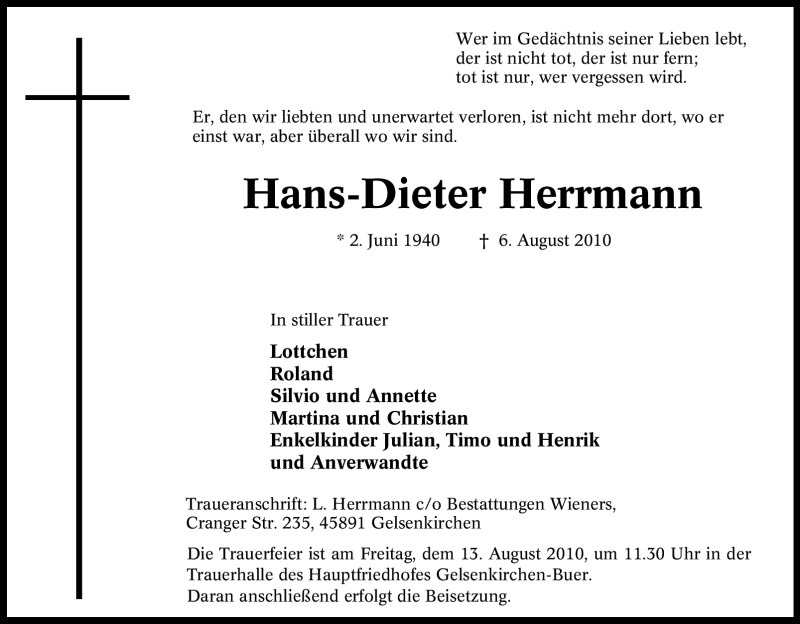  Traueranzeige für Hans-Dieter Herrmann vom 10.08.2010 aus Tageszeitung