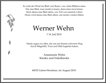 Traueranzeige von Werner Wehn von Tageszeitung