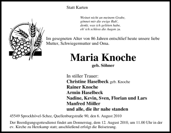 Traueranzeige von Maria Knoche von Tageszeitung