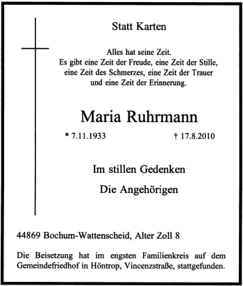 Traueranzeige von Maria Ruhrmann von Tageszeitung