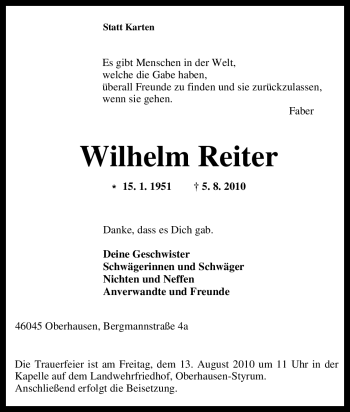 Traueranzeige von Wilhelm Reiter von Tageszeitung