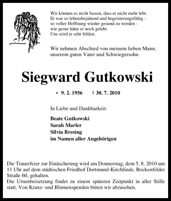 Traueranzeige von Siegward Gutkowski von Tageszeitung