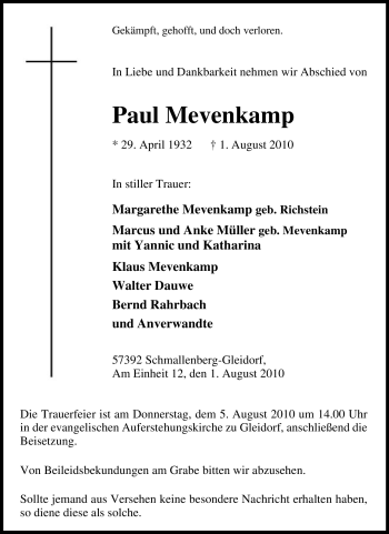 Traueranzeige von Paul Mevenkamp von Tageszeitung
