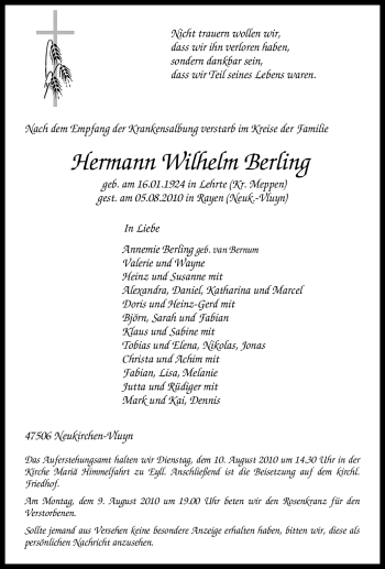 Traueranzeige von Hermann Wilhelm Berling von Tageszeitung