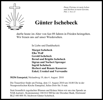 Traueranzeige von Günter Ischebeck von Tageszeitung