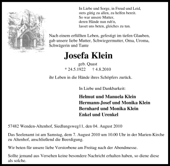 Traueranzeige von Josefa Klein von Tageszeitung
