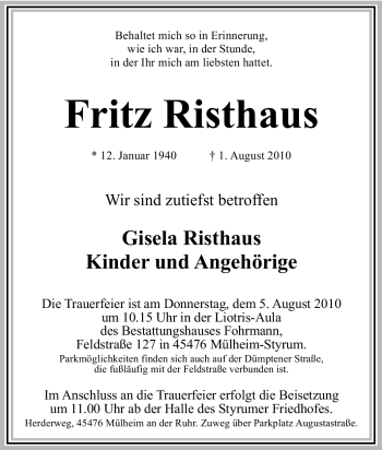 Traueranzeige von Fritz Risthaus von Tageszeitung
