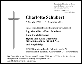 Traueranzeige von Charlotte Schubert von Tageszeitung